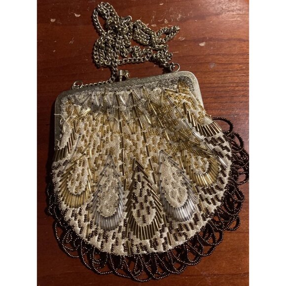 VINTAGE GOLD & BROWN LA REGALE  HAND BEADED PURSE MADE IN HONG KONG WITH FRINGE - Picture 3 of 13